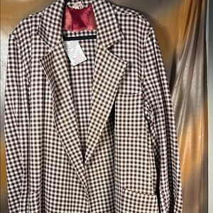 Vintage plus size wool Women's Houndstooth long coat maroon and cream‎ 52” chest